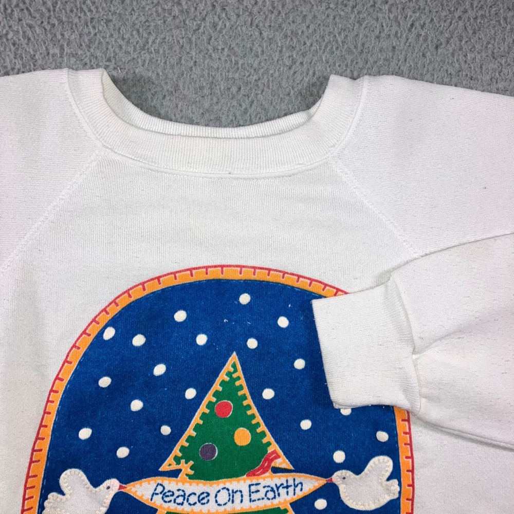 VTG Art By Design Zone Christmas Sweatshirt Womens XL White 80s Peace Tree - Picture 1 of 16